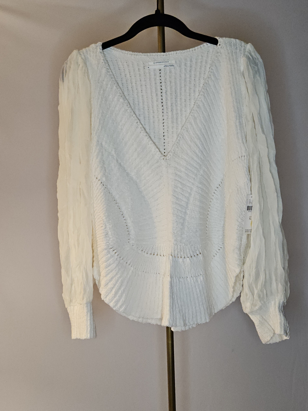By Anthropologie Mixed Media Sheer Long Sleeve V-Neck Knit Sweater